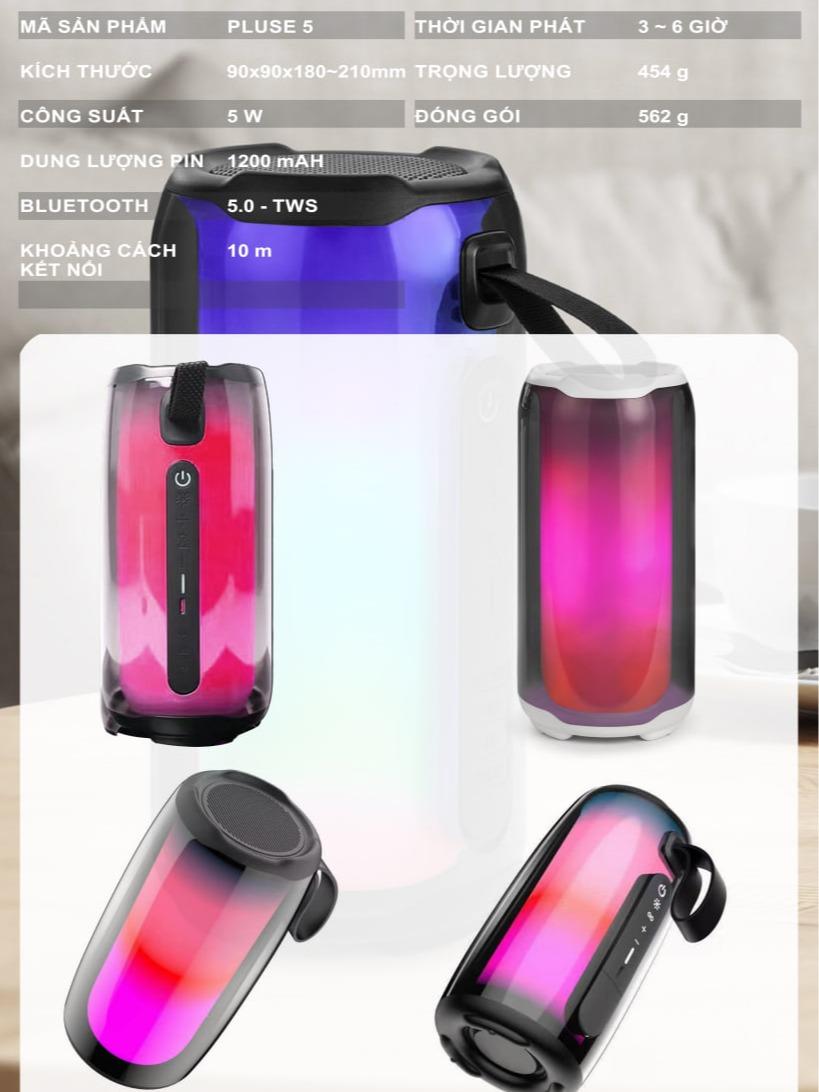 Loa Bluetooth PLUSE 5 - Led RGB 360, TWS, Karaoke, True Bass - Loa Toàn Dải, Chất Âm Dày Dặn, Đầy Đặn Củ Loa Nghe Nhạc