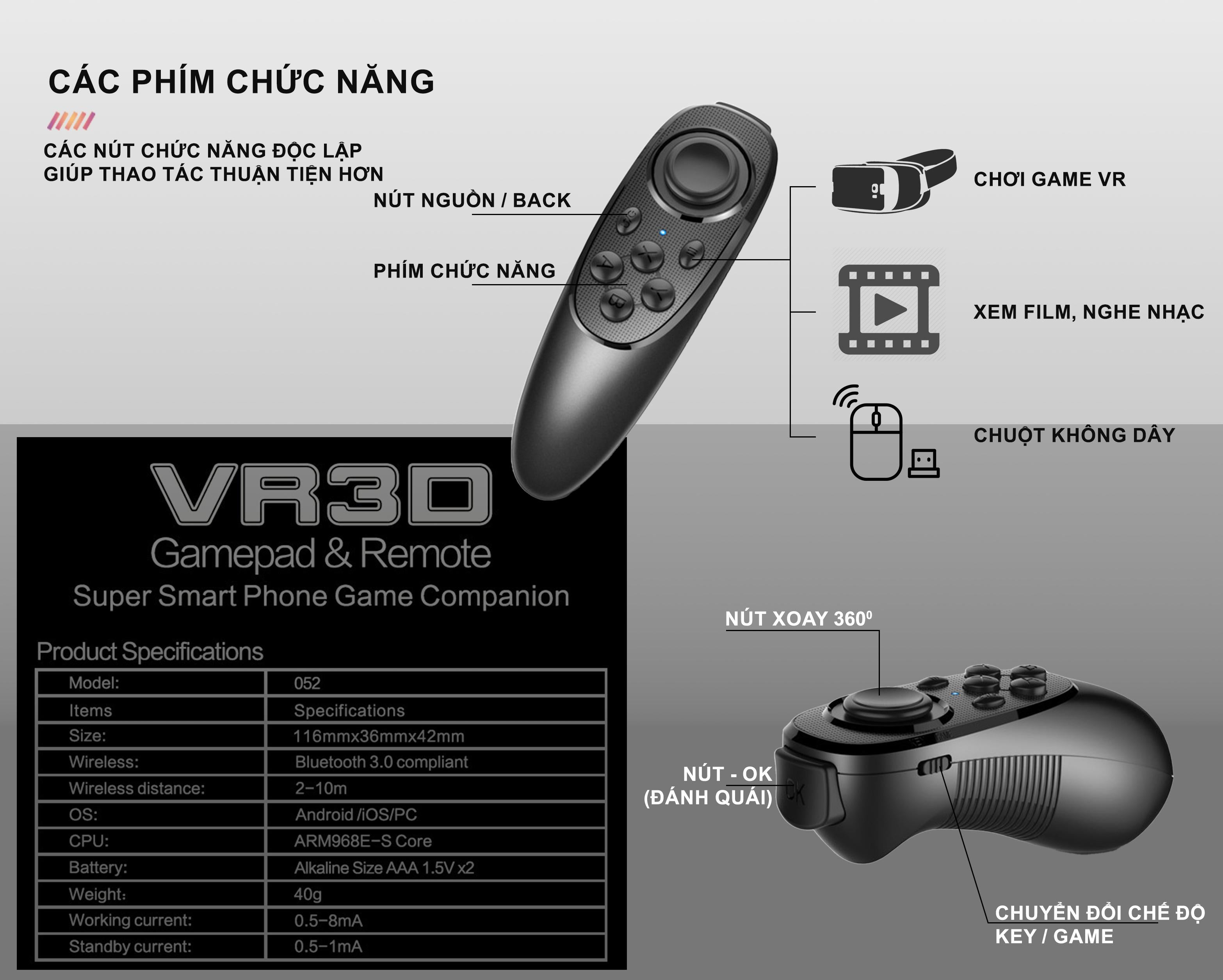 Tay Cầm Game  VR 052 - Bluetooth, Wireless - Hỗ Trợ Chơi Game VR 3D, Selfie, Xem Phim, Xem Ebook