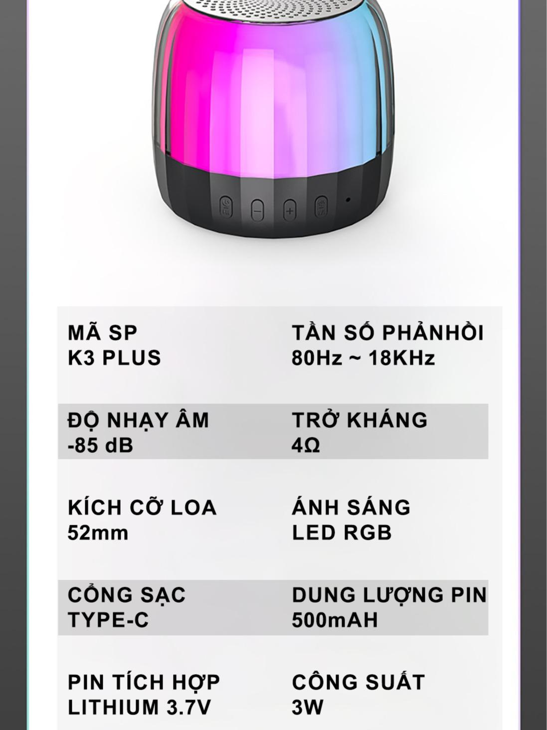 Loa Bluetooth | K3 Plus | TWS, LED RGB, True Bass - Âm Thanh To, Ánh Sáng Mạnh