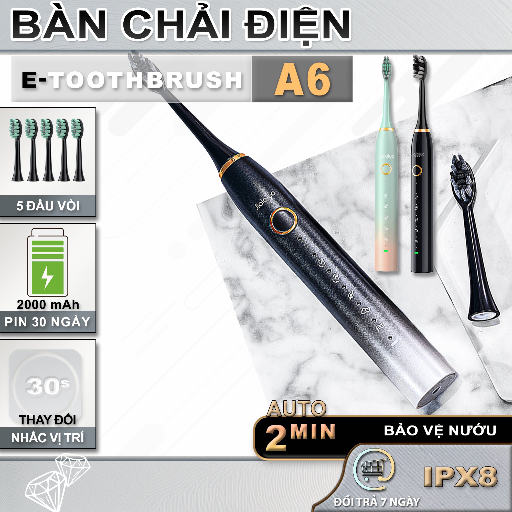 Bàn Chải Răng Điện | A6, Điều Khiển Thông Minh |  5 Chế Độ, Làm Sạch Siêu Âm,  Pin 30 Ngày