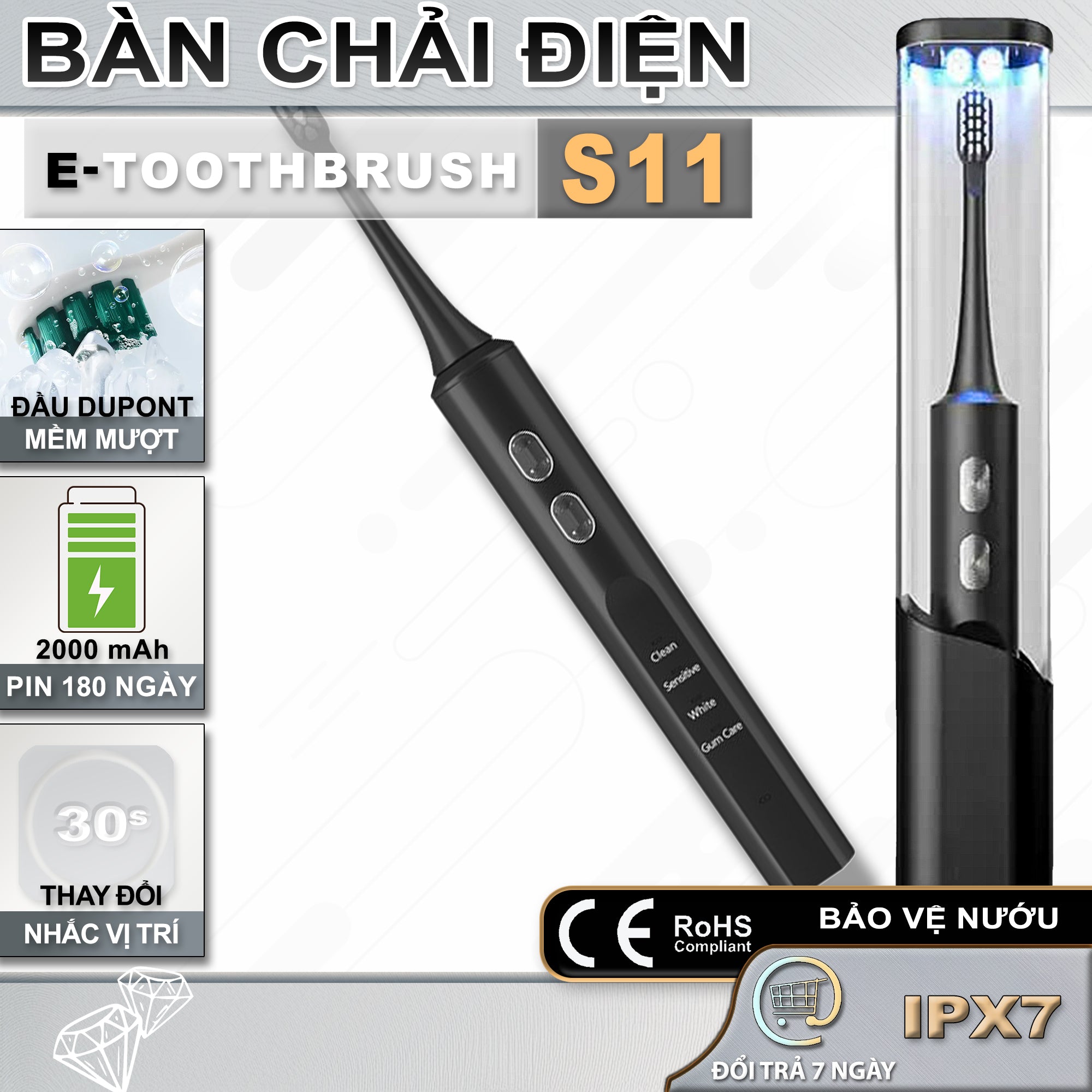 Bàn Chải Răng Điện | S11 | Khử Trùng Tia UV, Điều Khiển Thông Minh |  4 Chế Độ, Làm Sạch Siêu Âm,  Pin 30 Ngày