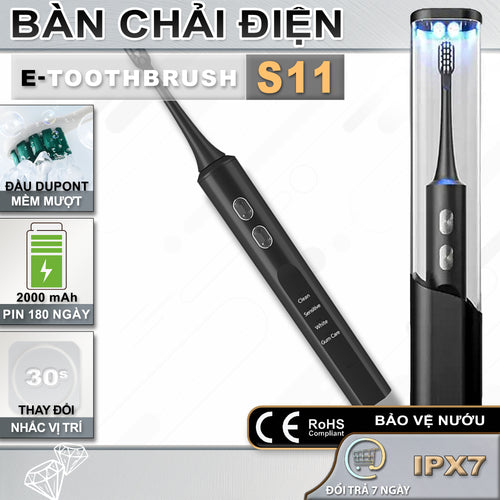 Bàn Chải Răng Điện | S11 | Khử Trùng Tia UV, Điều Khiển Thông Minh |  4 Chế Độ, Làm Sạch Siêu Âm,  Pin 30 Ngày