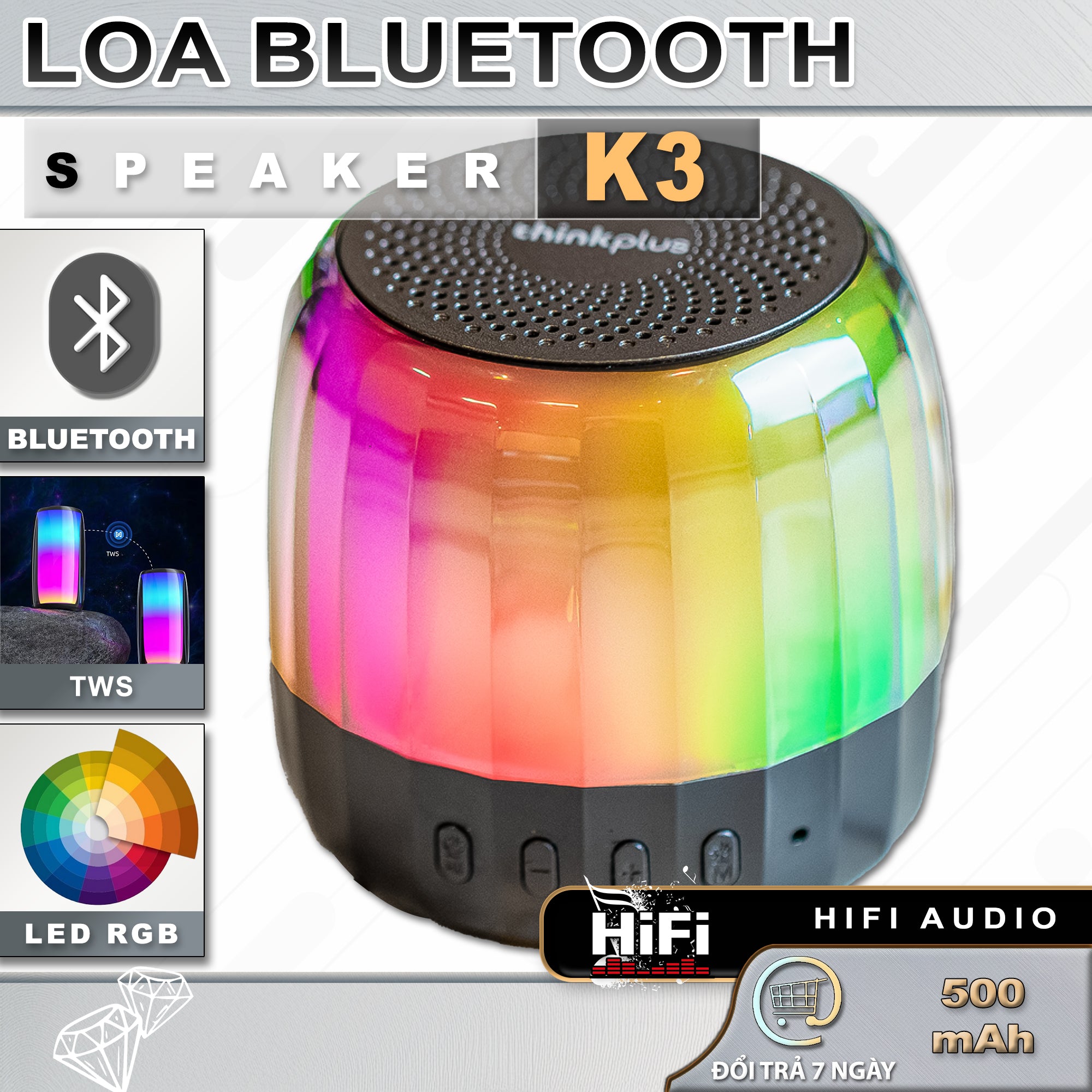 Loa Bluetooth | K3 Plus | TWS, LED RGB, True Bass - Âm Thanh To, Ánh Sáng Mạnh