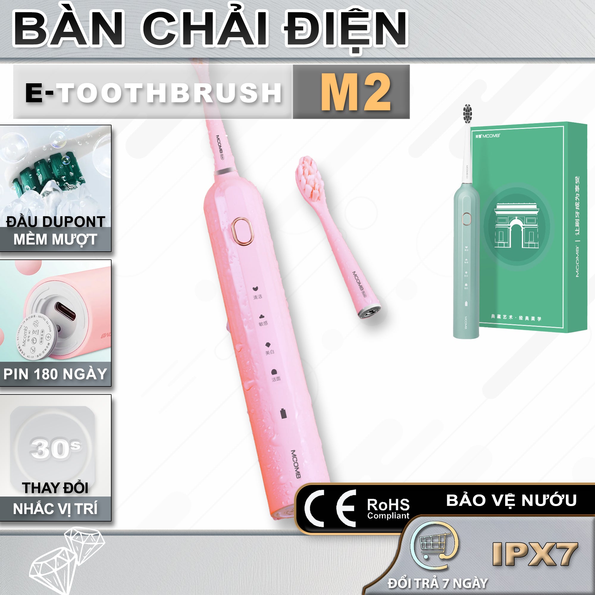 Bàn Chải Răng Điện M2+ | Pin 180 Ngày, Đầu Bàn Chải Dupont, Điều Khiển Thông Minh |  4 Chế Độ, Làm Sạch Siêu Âm, Bàn Chải Điện