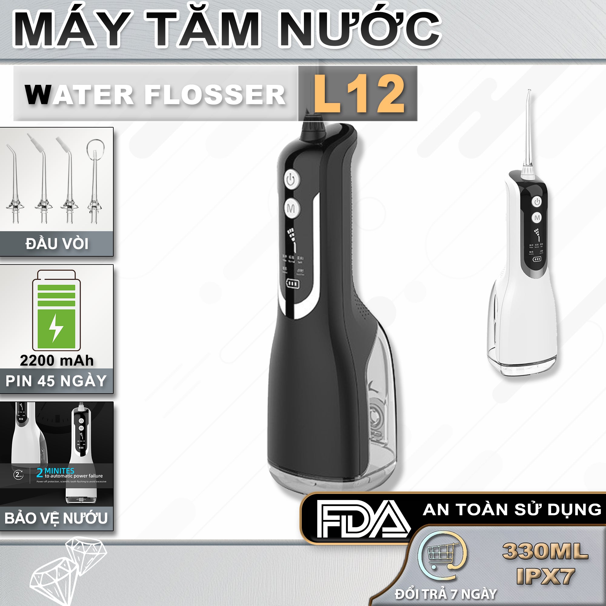 Máy Tăm Nước Cầm Tay | L12 | Pin Sử Dụng 45 Ngày, 5 Chế Độ Nước | Làm  Sạch Sâu Chân Răng, Vệ Sinh Niềng Răng, Hôi Miệng