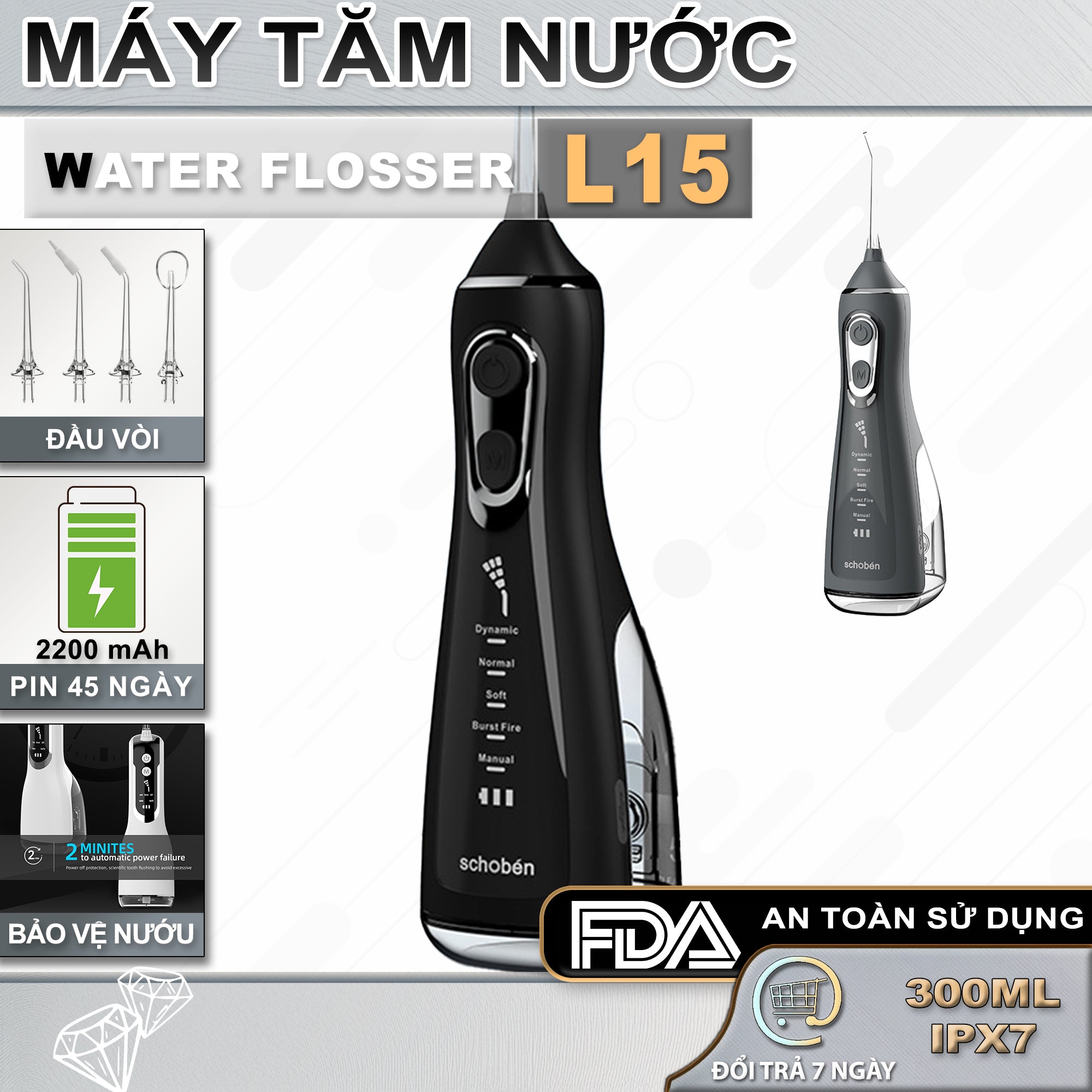 Máy Tăm Nước Cầm Tay Schobén - Chống Nước IPX7, 5 Chế Độ - Làm Sạch Sâu Chân Răng