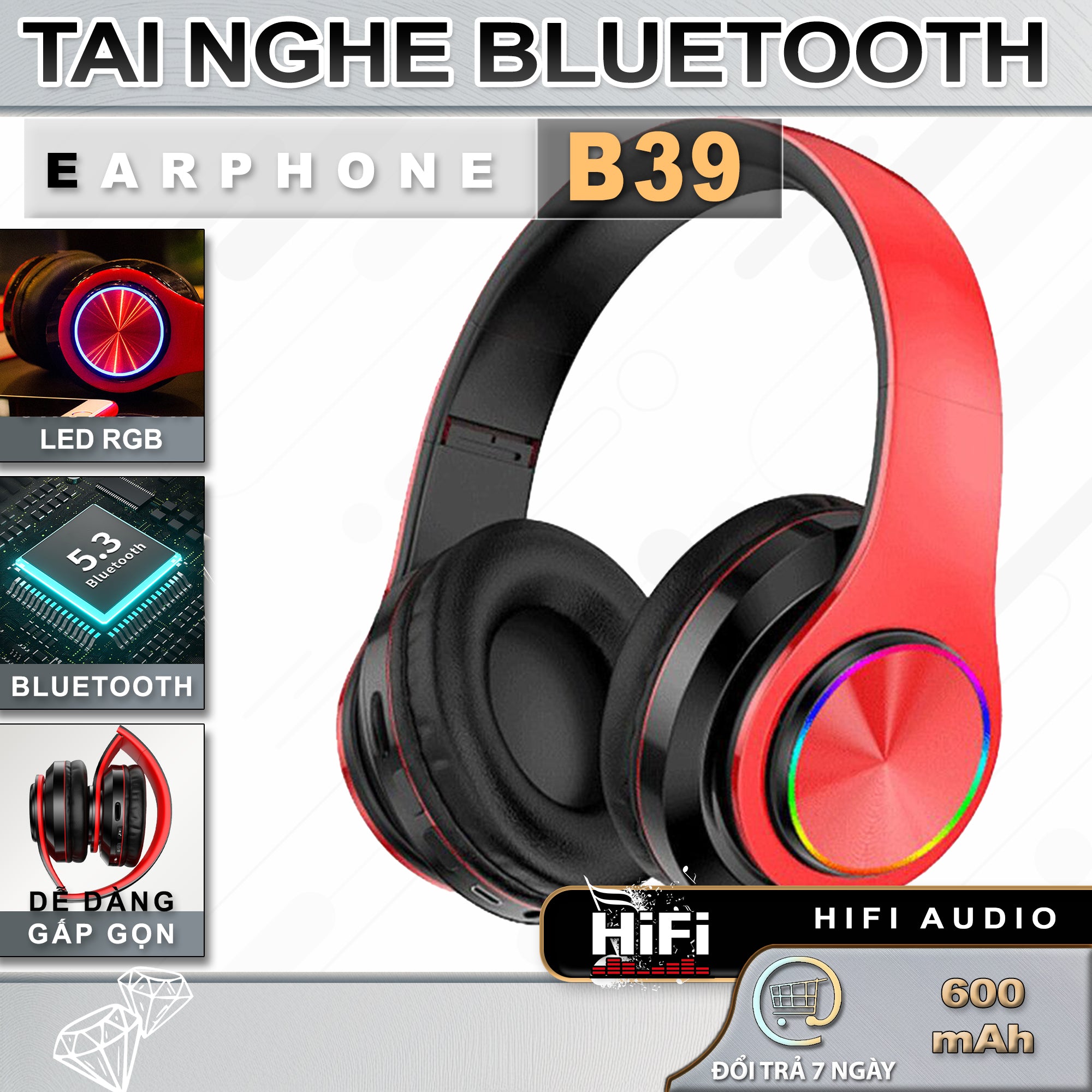 Tai Nghe Chụp Tai Bluetooth B39 - HiFi, Micro, Led RGB - Âm Thanh Chất Lượng, Nghe Gọi, Kết Nối Nhiều Thiết Bị