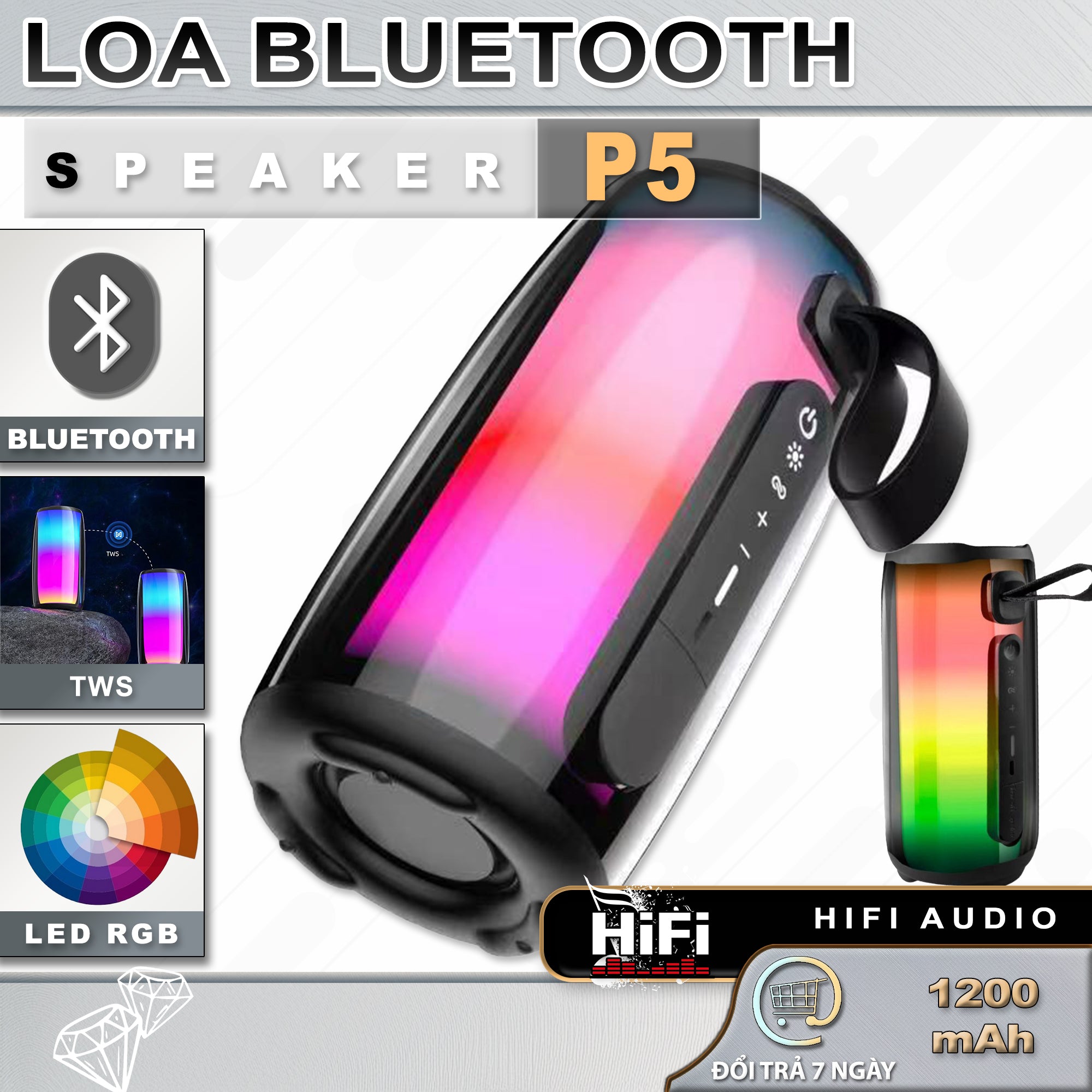 Loa Bluetooth PLUSE 5 - Led RGB 360, TWS, Karaoke, True Bass - Loa Toàn Dải, Chất Âm Dày Dặn, Đầy Đặn Củ Loa Nghe Nhạc