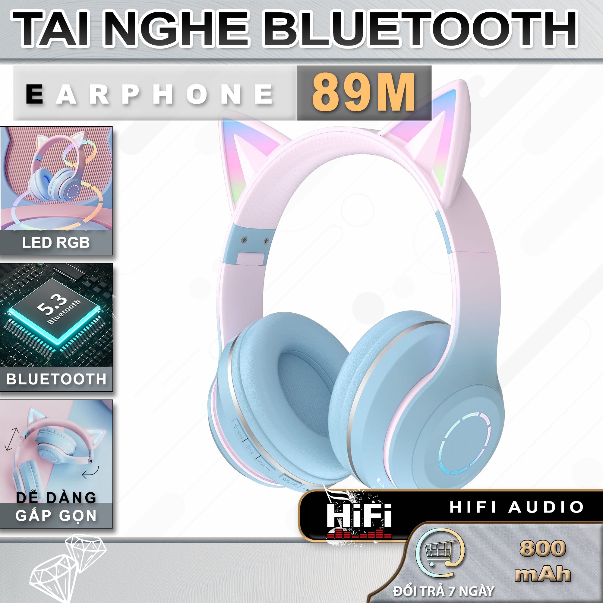 Tai Nghe Chụp Tai - Tai Mèo Bluetooth ST98M - HiFi, Micro, Led RGB, Stereo 2.0 - Cảm Ứng Đèn Led Theo Nhạc,  Âm Thanh Nổi 9D, Pin Trâu Chuyên Livestream, Chơi Game