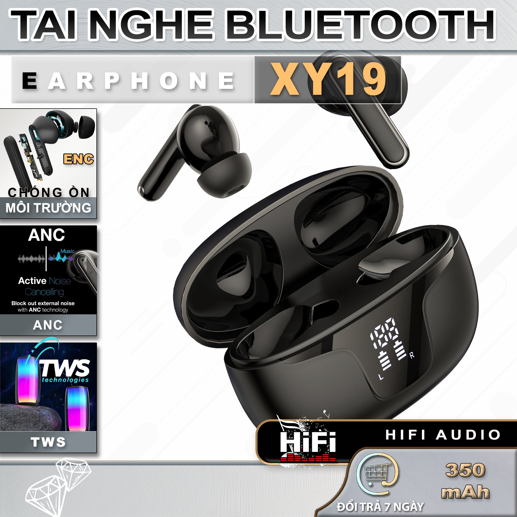 Tai Nghe Bluetooth Y19 | Pin 12 Tiếng, ENS, ANS, TWS, Bluetooth 5.3 | Âm Thanh Vòm 9D, Chống Ồn Chủ Động, Chống Ồn Môi Trường, Thu Âm Định Hướng Nhét Tai Nghe Nhạc