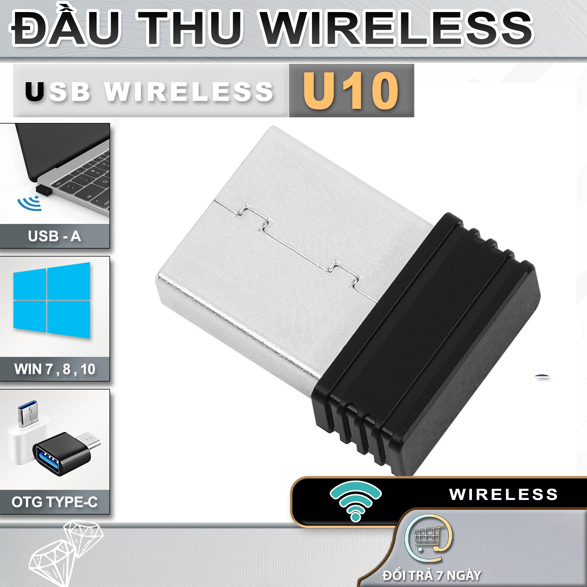 Đầu Thu USB Wireless | Type A | Có Đầu OTG Chuyển USB Type C + Mini USB | Hỗ Trợ Win 7, 8, 10 MACOS, Linux