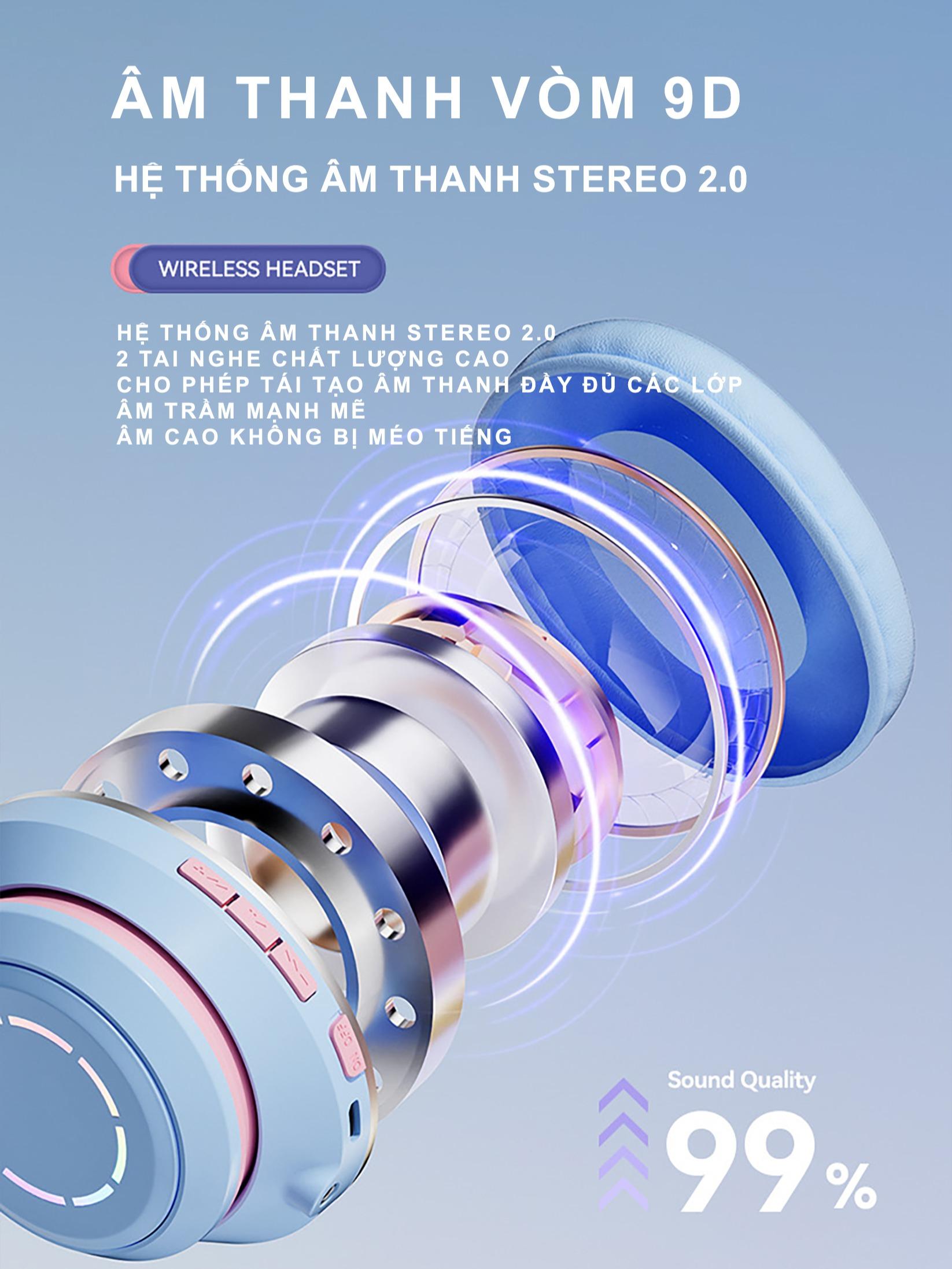 Tai Nghe Chụp Tai - Tai Mèo Bluetooth ST98M - HiFi, Micro, Led RGB, Stereo 2.0 - Cảm Ứng Đèn Led Theo Nhạc,  Âm Thanh Nổi 9D, Pin Trâu Chuyên Livestream, Chơi Game