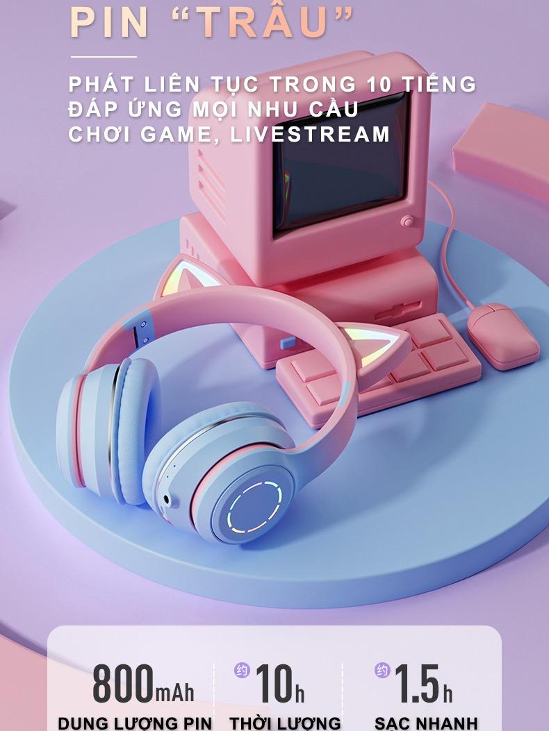 Tai Nghe Chụp Tai - Tai Mèo Bluetooth ST98M - HiFi, Micro, Led RGB, Stereo 2.0 - Cảm Ứng Đèn Led Theo Nhạc,  Âm Thanh Nổi 9D, Pin Trâu Chuyên Livestream, Chơi Game