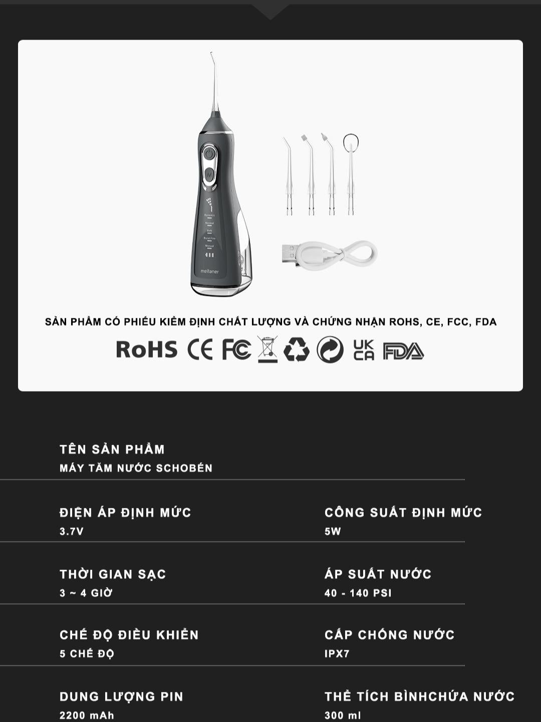 Máy Tăm Nước Cầm Tay Schobén - Chống Nước IPX7, 5 Chế Độ - Làm Sạch Sâu Chân Răng